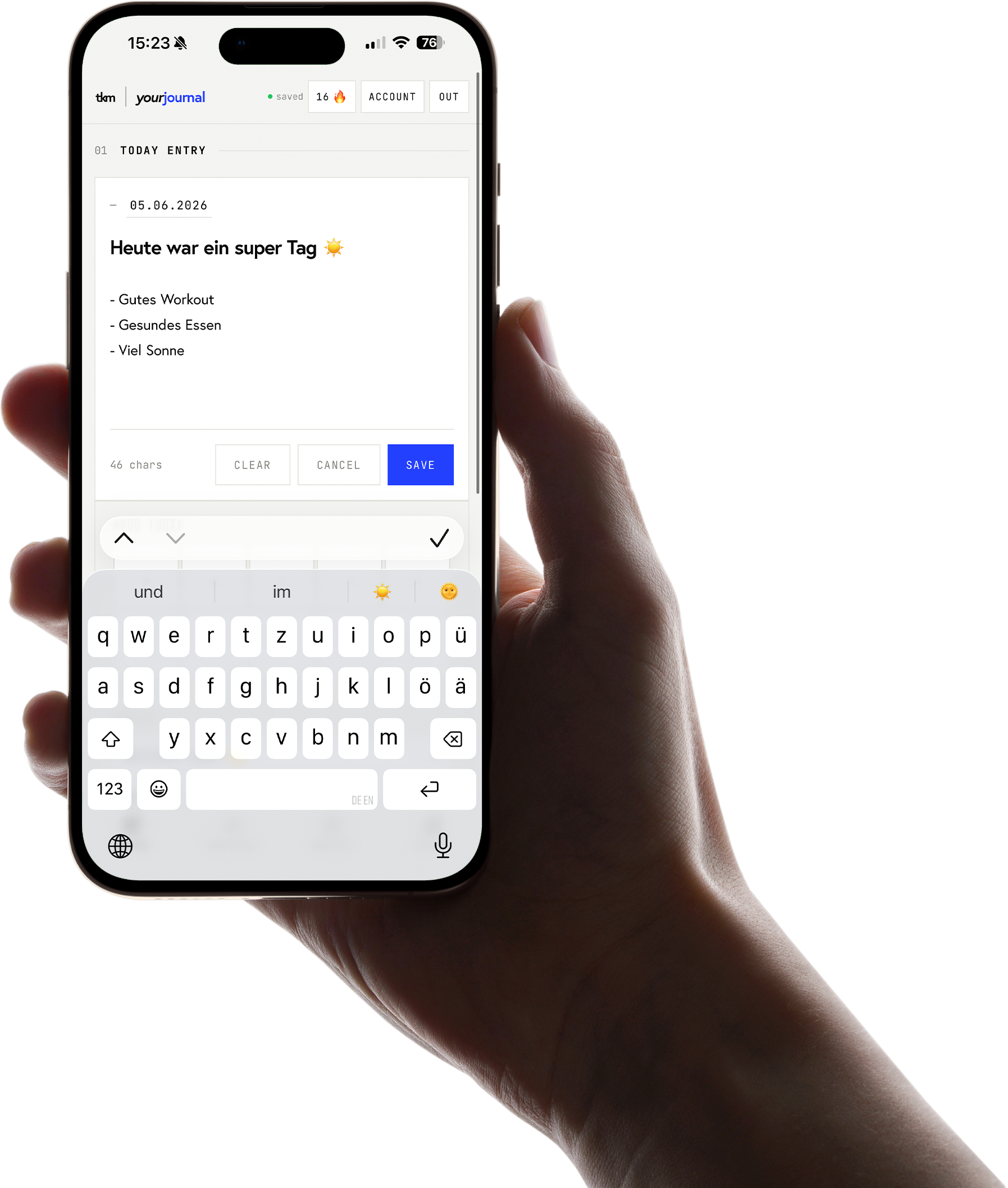 journal App in der Hand